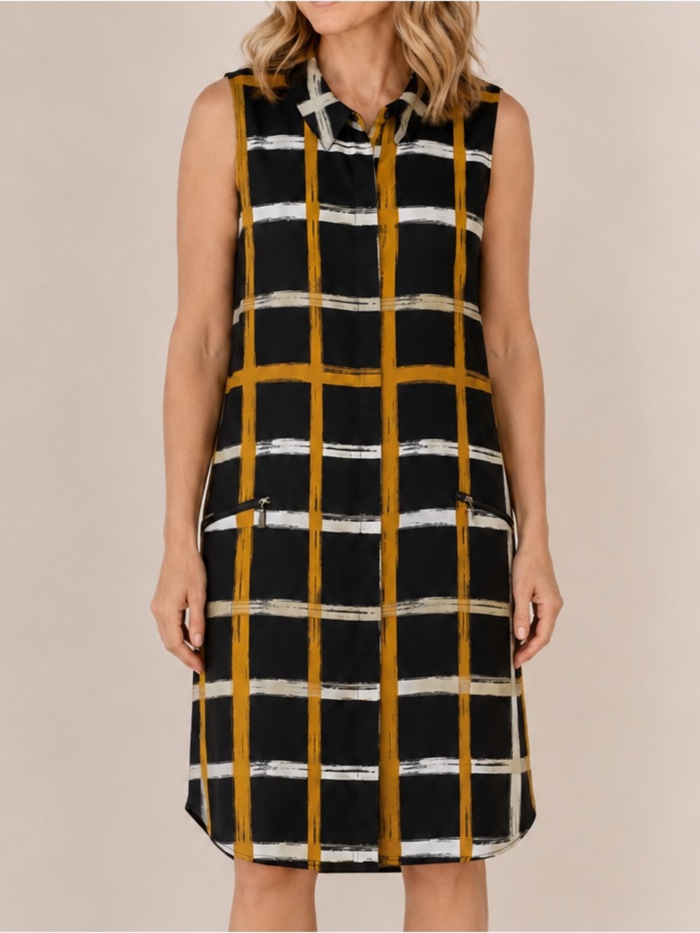 Alfani Black Sleeveless Shirt Dress with Mustard and White Plaid